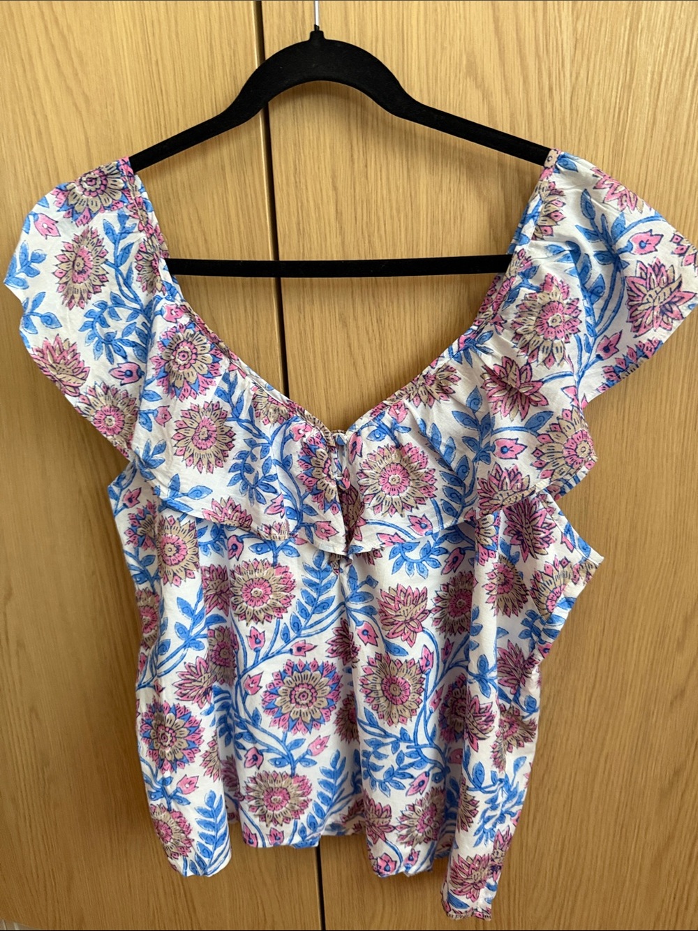 J. Crew 100% Cotton Cream Floral Button-Front Top with Pink & Blue Print